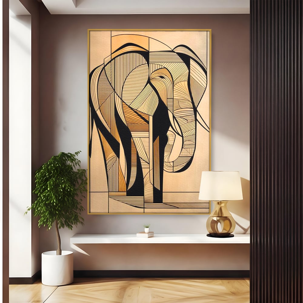 Tablou canvas cu tablou canvas cu elefant geometric, in rama de aluminiu auriu